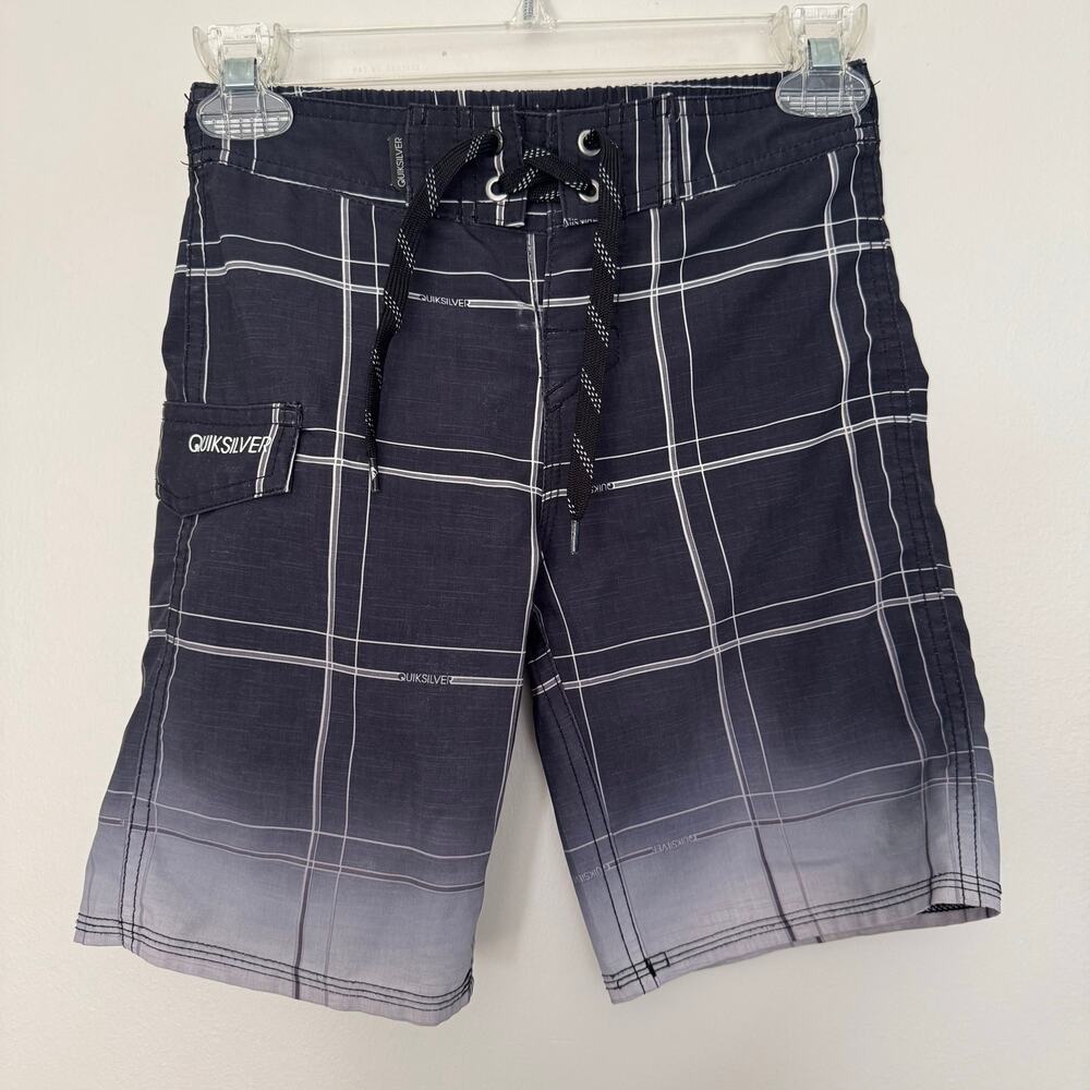 Quiksilver Board Shorts Featuring a Black and White Plaid Design